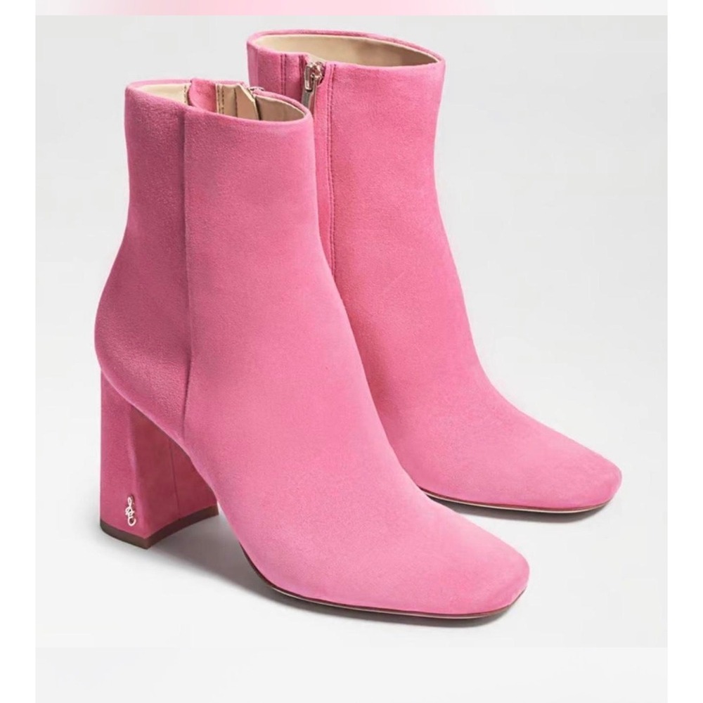 Sam Edelman Jaye Pink Suede Square Toe Block Heel Ankle Boots Womens 8.5M